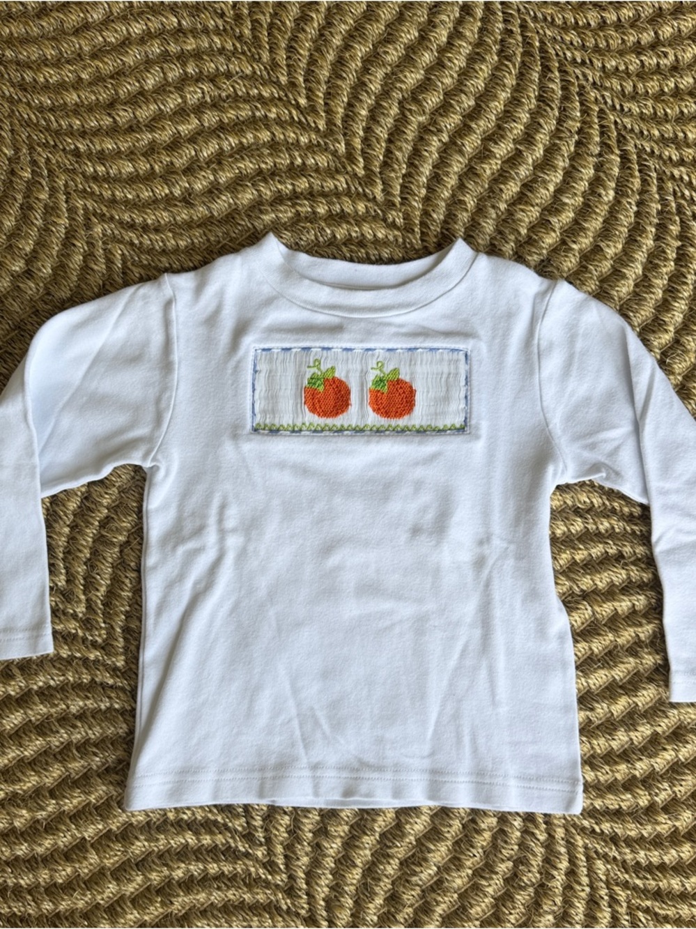 White Kids Long-Sleeve Shirt with Pumpkin Smocking, Size 2